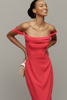 Dress The Population Vickie Off-the-shoulder Corset Midi Dress In Pink