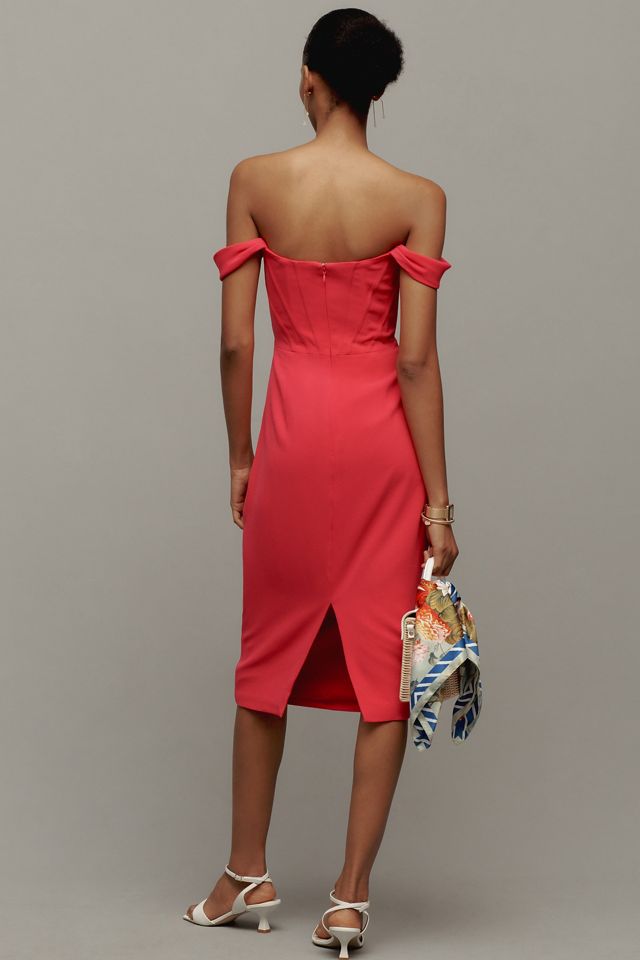 vickie off the shoulder midi corset dress Dress The Population Vickie Off-The-Shoulder Corset Crepe Midi Dress