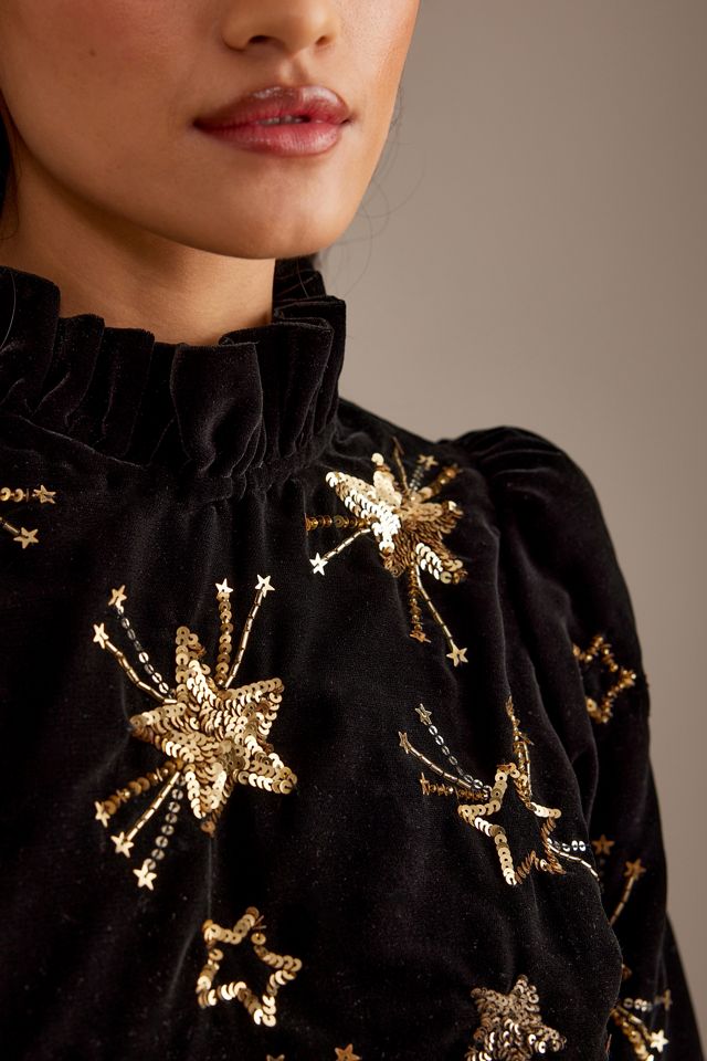 Queens of Archive Starling Star Print Long-Sleeve Velvet Mini Dress |  Anthropologie UK