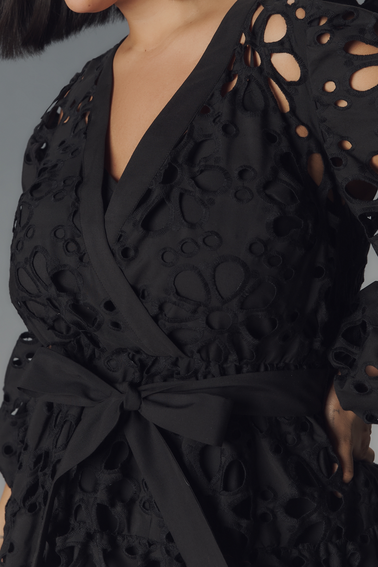 Eloquii Plus Long-Sleeve V-Neck Eyelet Wrap Mini Dress