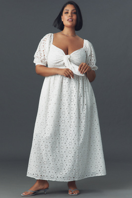 Plus Short-Sleeve Tie-Neck Eyelet Maxi Dress