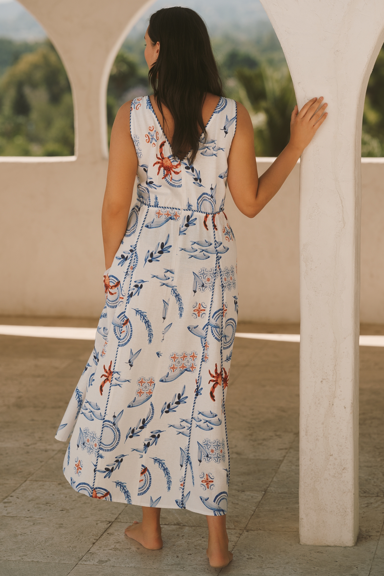 Eloquii Plus Linen Blend Roping Detail Printed Maxi Dress