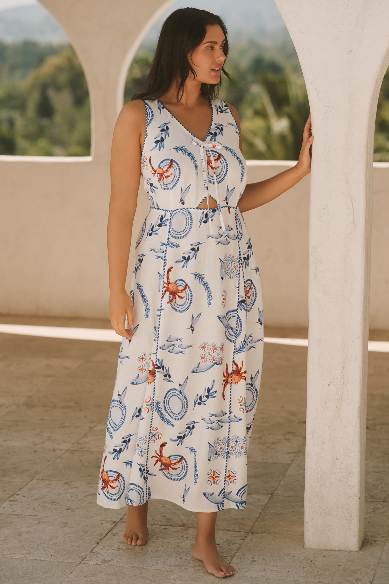 Eloquii Plus Linen Blend Roping Detail Printed Maxi Dress