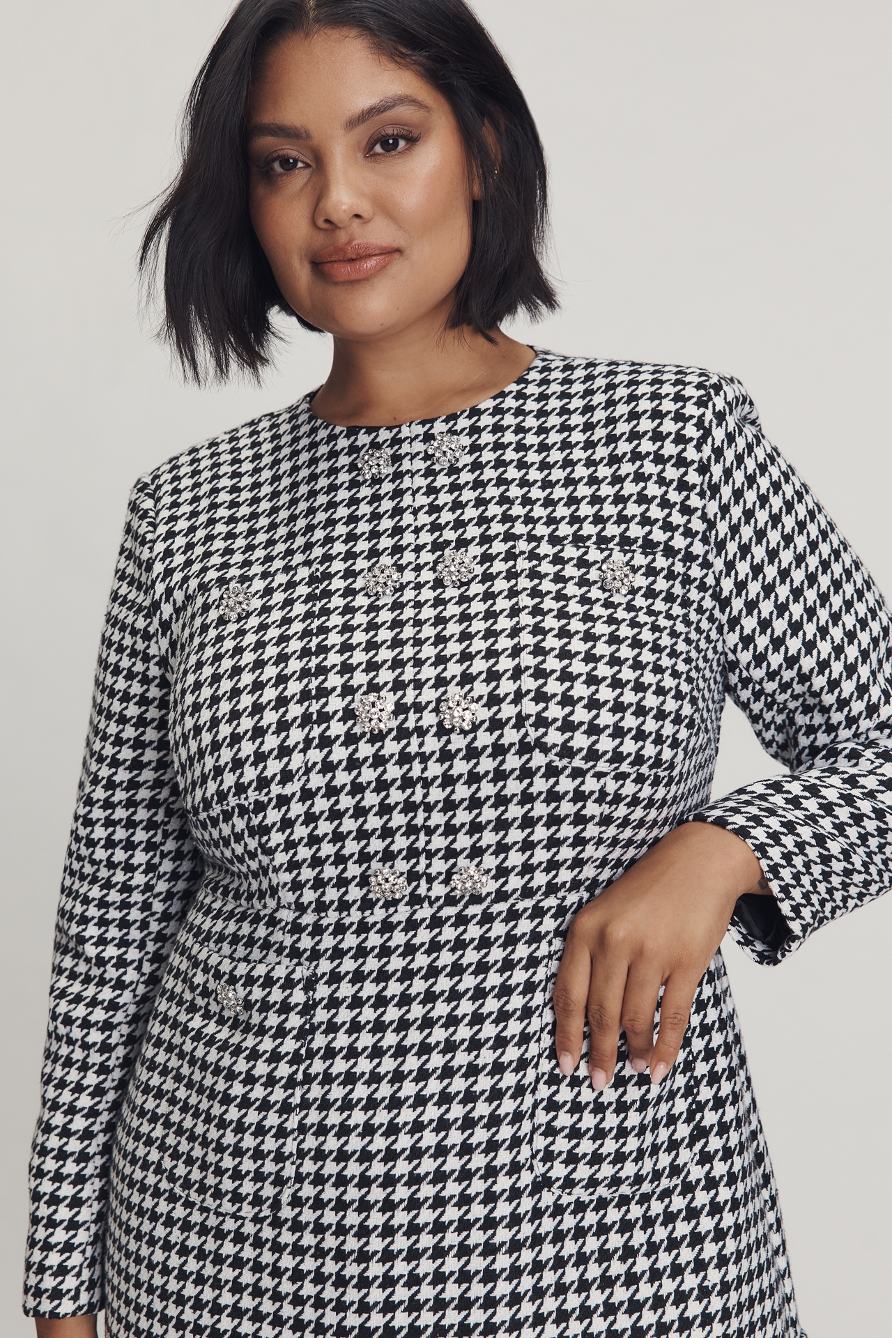 Eloquii Plus Long-Sleeve Rhinestone Button Mini Dress