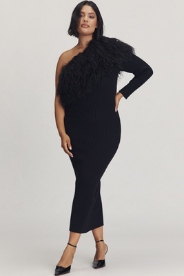 Eloquii Plus Faux-fur One-shoulder Maxi Dress In Black
