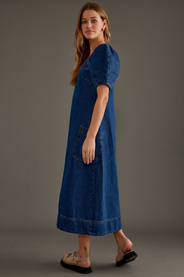 ALIGNE Sonia Vestido Midi de Denim con Cuello Cuadrado y Mangas Abullonadas #2