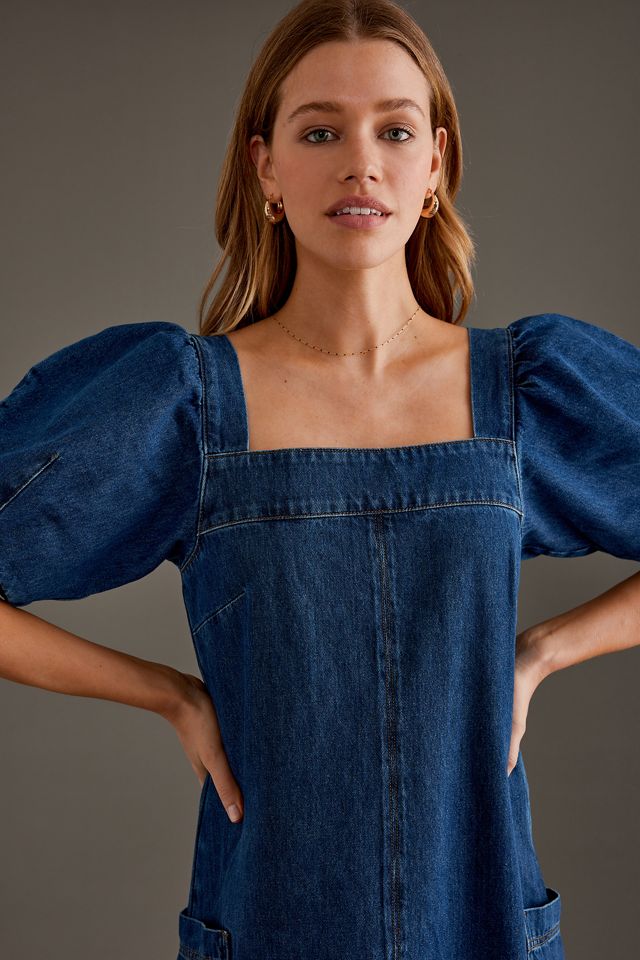 ALIGNE Sonia Vestido Midi de Denim con Cuello Cuadrado y Mangas Abullonadas #3