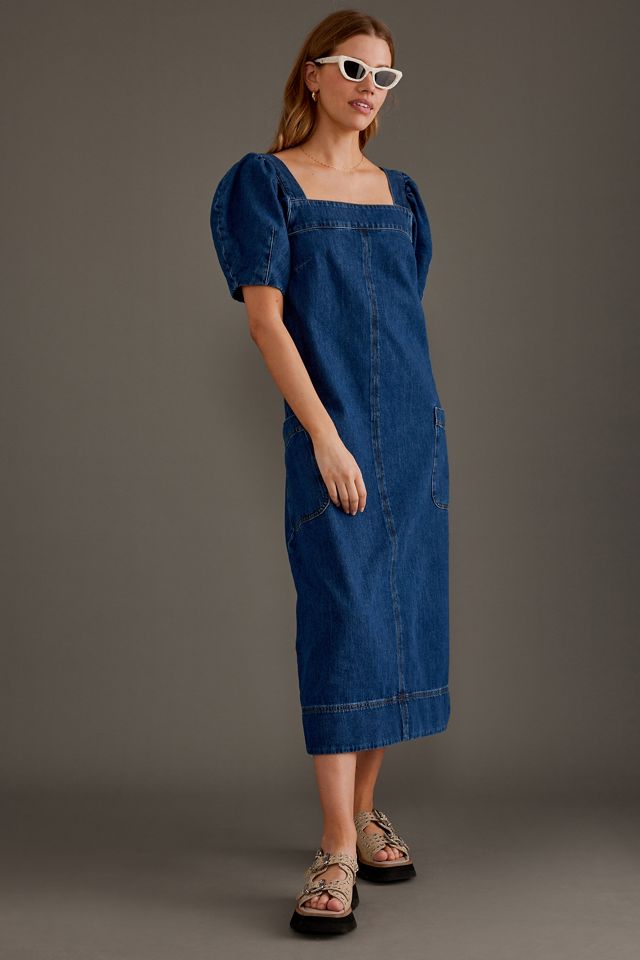 ALIGNE Sonia Vestido Midi de Denim con Cuello Cuadrado y Mangas Abullonadas #1
