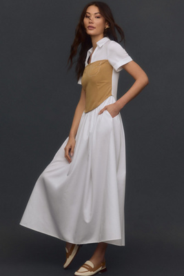 Mehtap Elaidi Pocket Embroidery Corset Midi Shirt Dress In White