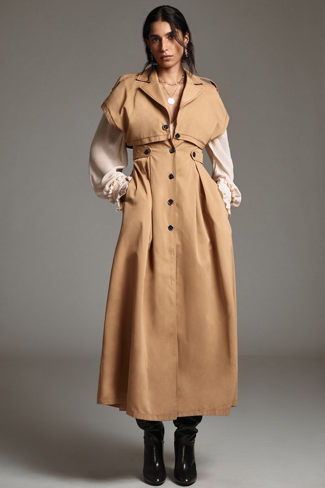 brown trench dress Womens Double-breasted Sleeveless Trench Coat Dress