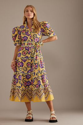 Celia B Lottie Linen Puff-sleeve Midi Dress In Yellow