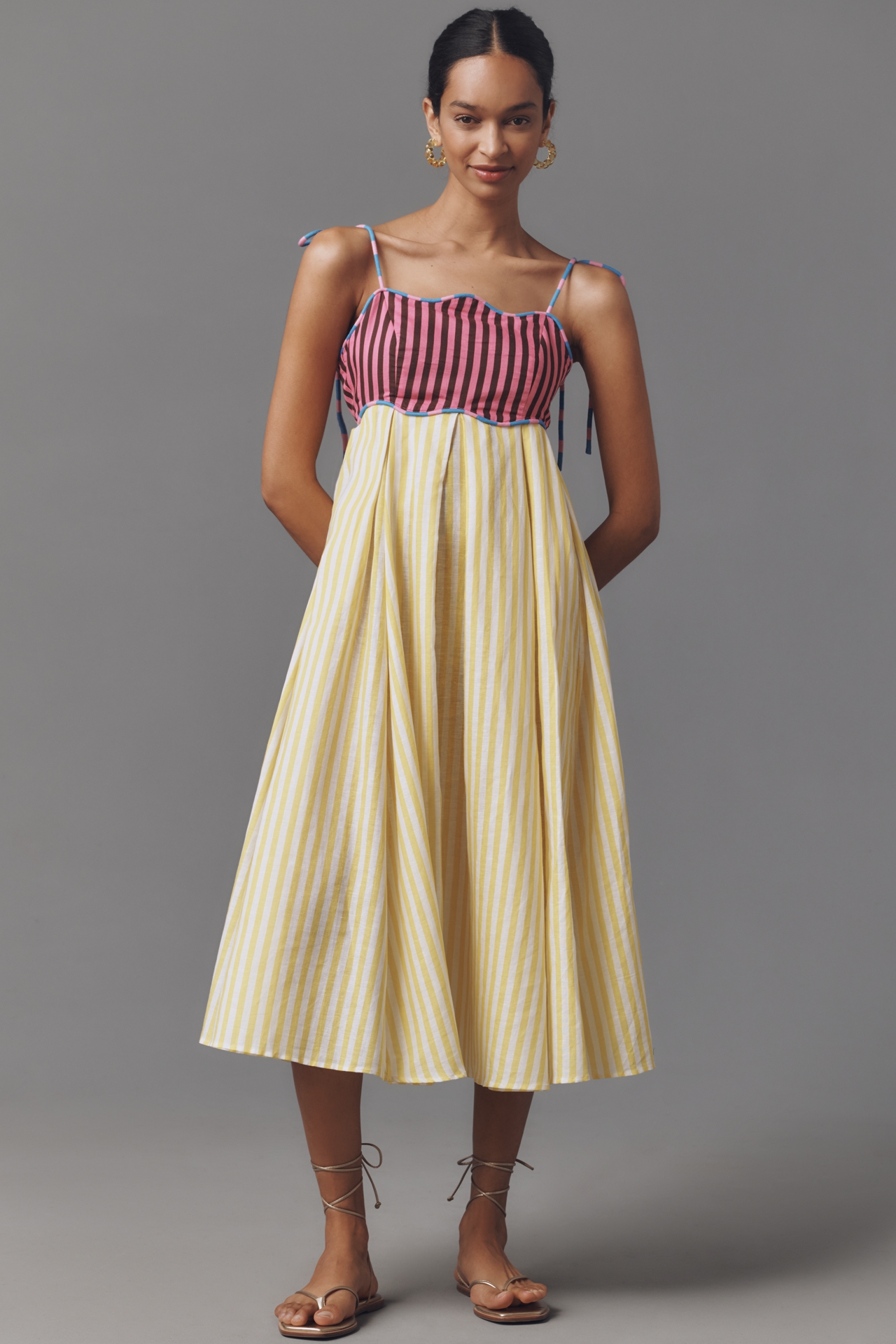 CeliaB Lola Linen Blend Tie-Strap Babydoll Midi Dress