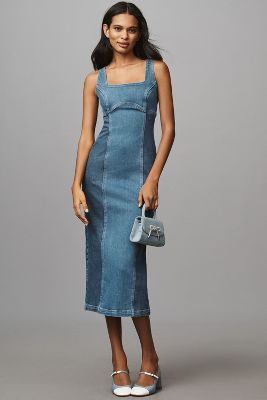 Shop Pilcro Square-neck Corset Denim Midi Dress In Blue