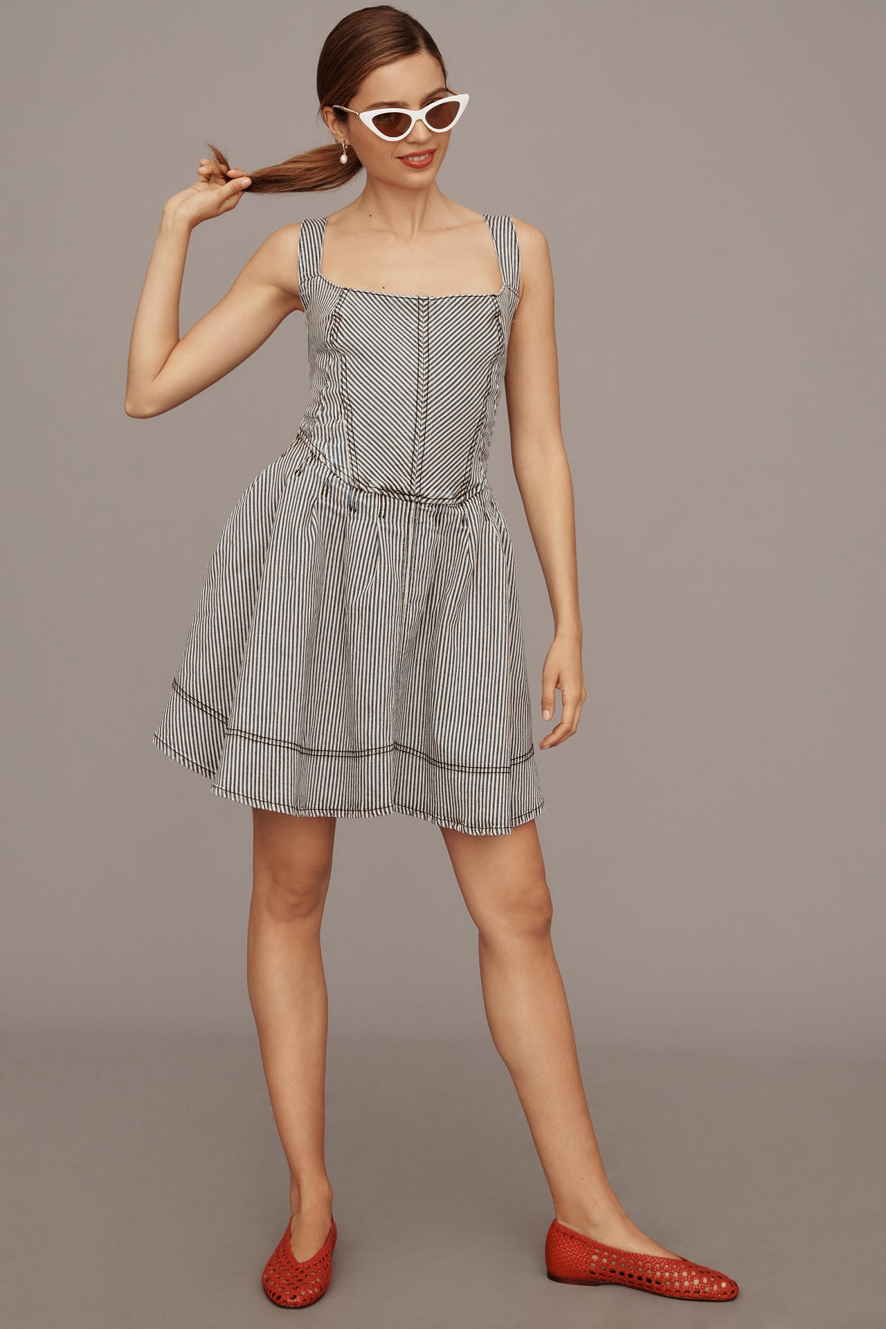 Pilcro Square-Neck Tie-Back Denim Mini Dress