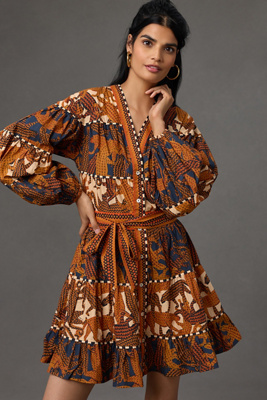 farm rio long-sleeve v-neck printed mini dress