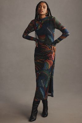 Farm Rio Long-Sleeve Mock-Neck Mesh Slim Midi Dress | Anthropologie