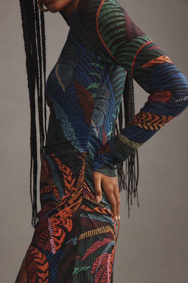 Farm Rio Long-Sleeve Mock-Neck Mesh Slim Midi Dress | Anthropologie