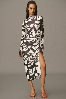 farm rio long-sleeve mock-neck a-line midi dress Farm Rio Mesh Mock Neck Long Sleeve Midi Dress