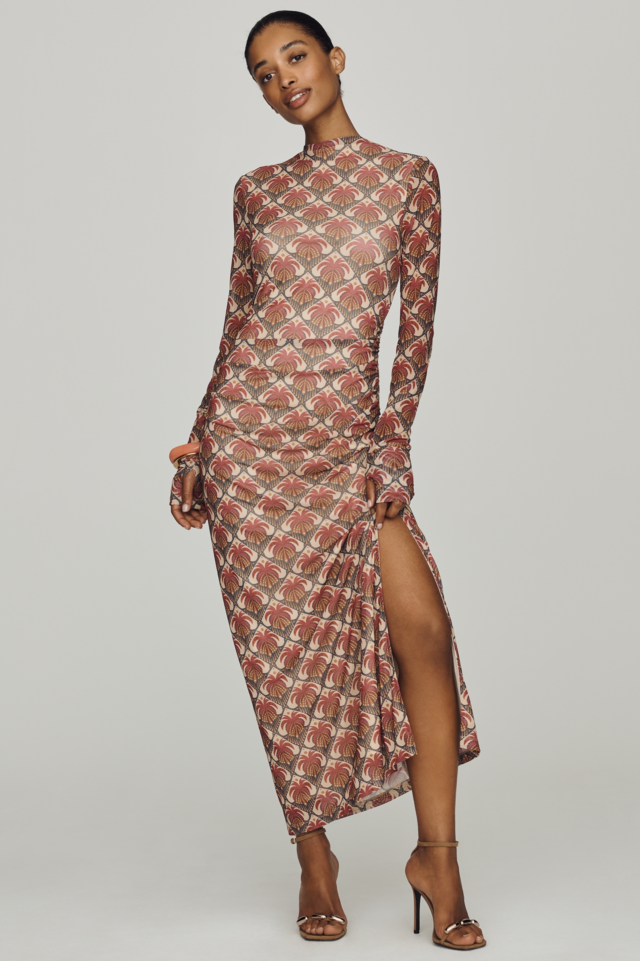 Farm Rio Long-Sleeve Mock-Neck Mesh Slim Midi Dress