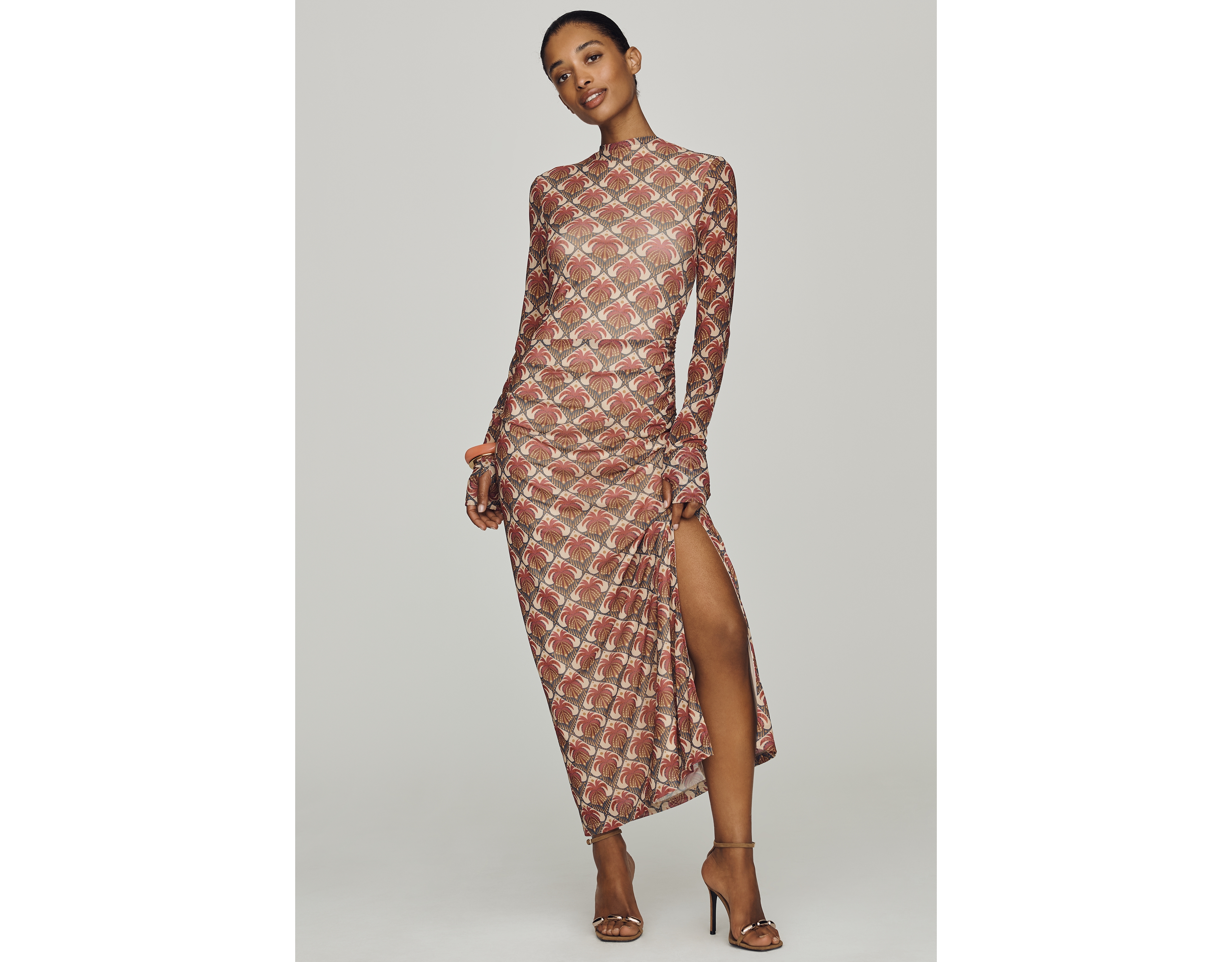Farm Rio Long-Sleeve Mock-Neck Mesh Slim Midi Dress