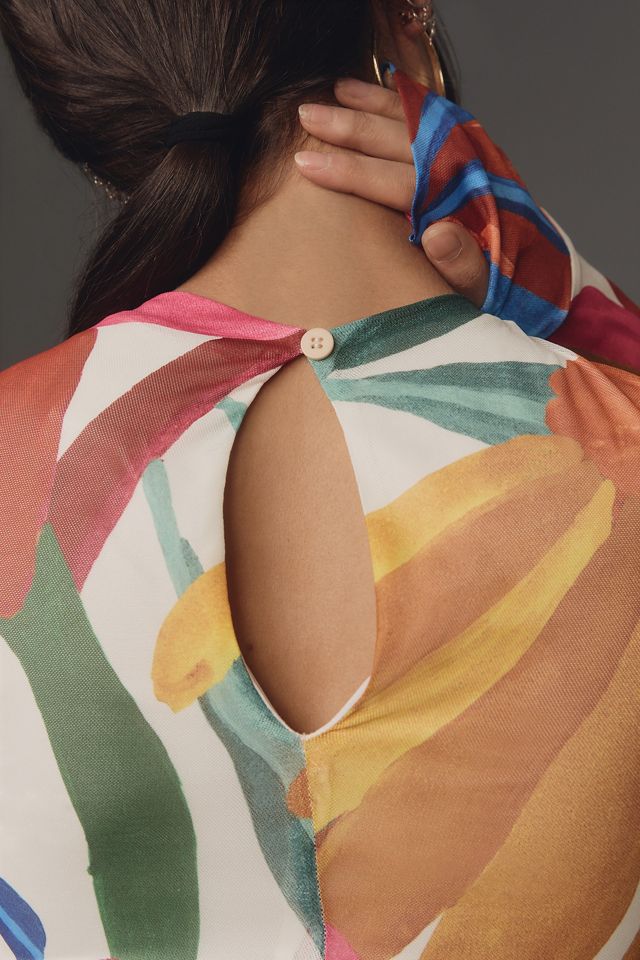 Farm Rio Long-Sleeve Mock-Neck Mesh Slim Midi Dress #4