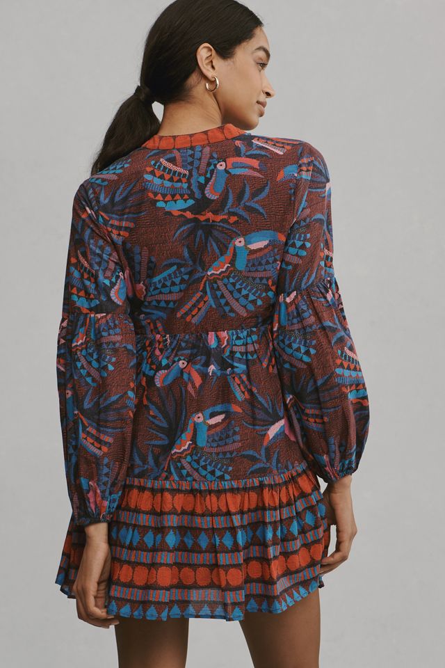 farm rio long-sleeve v-neck printed mini dress Blue Luna Lenzing Ecovero Viscose Mini Dress