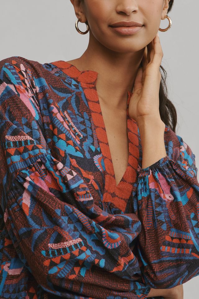 farm rio long-sleeve v-neck printed mini dress Blue Luna Lenzing Ecovero Viscose Mini Dress