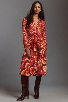 Long-sleeve V-neck Floral Midi Shirt Dress In Red
