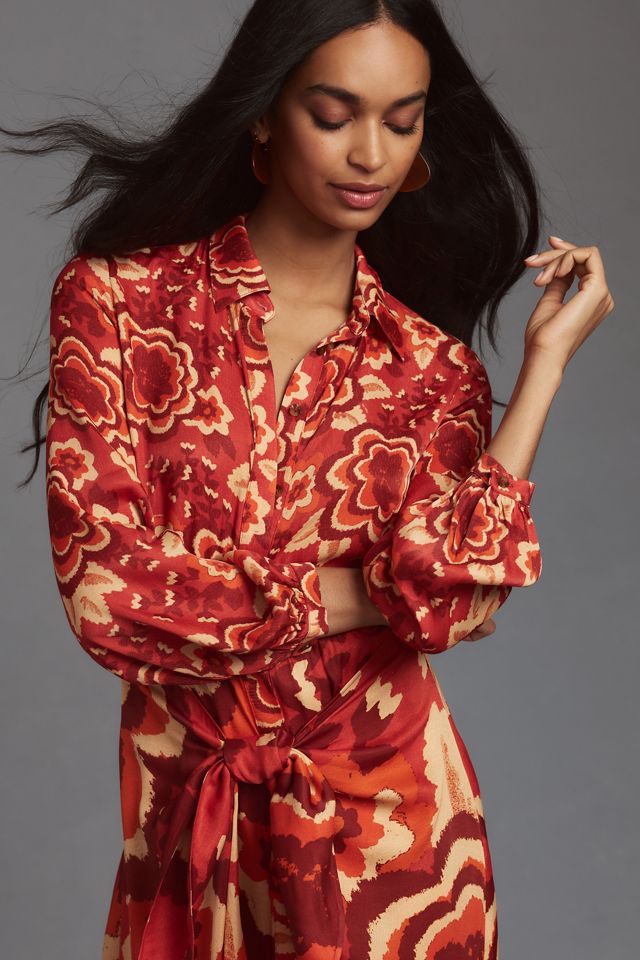 Farm Rio Long-Sleeve V-Neck Floral Midi Shirt Dress #1