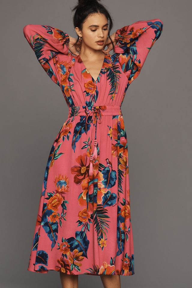 Farm Rio Long-Sleeve V-Neck A-Line Midi Dress | Anthropologie