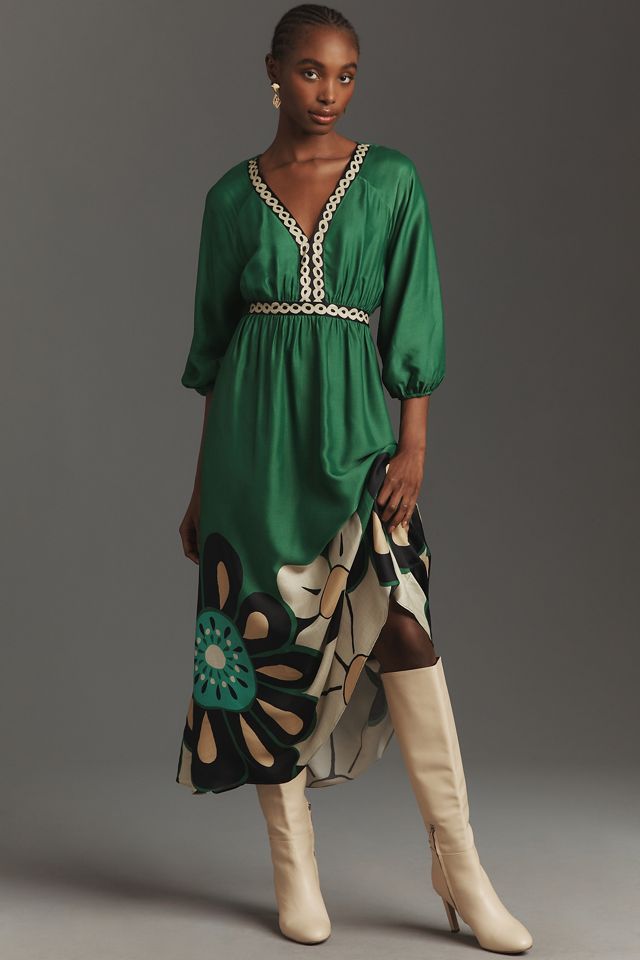 Farm Rio Long-Sleeve V-Neck Printed Midi Dress
