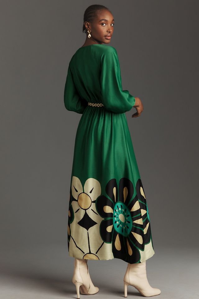 knee length dresses for ladies Black Bold Flowers Long Sleeve Midi Dress