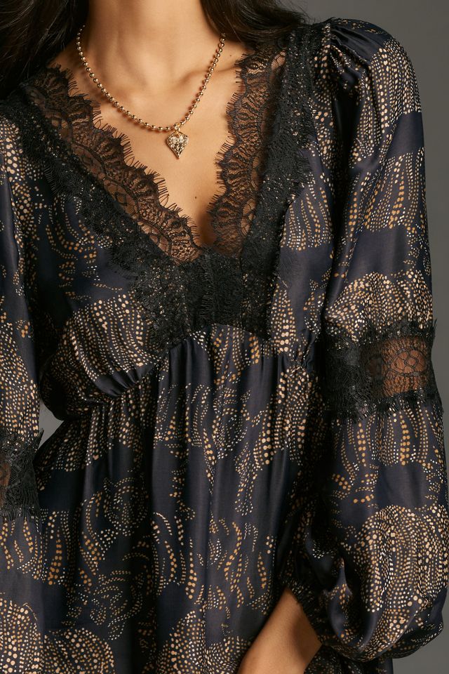 fitted lace wedding dress Black Bold Flowers Long Sleeve Midi Dress main image 1