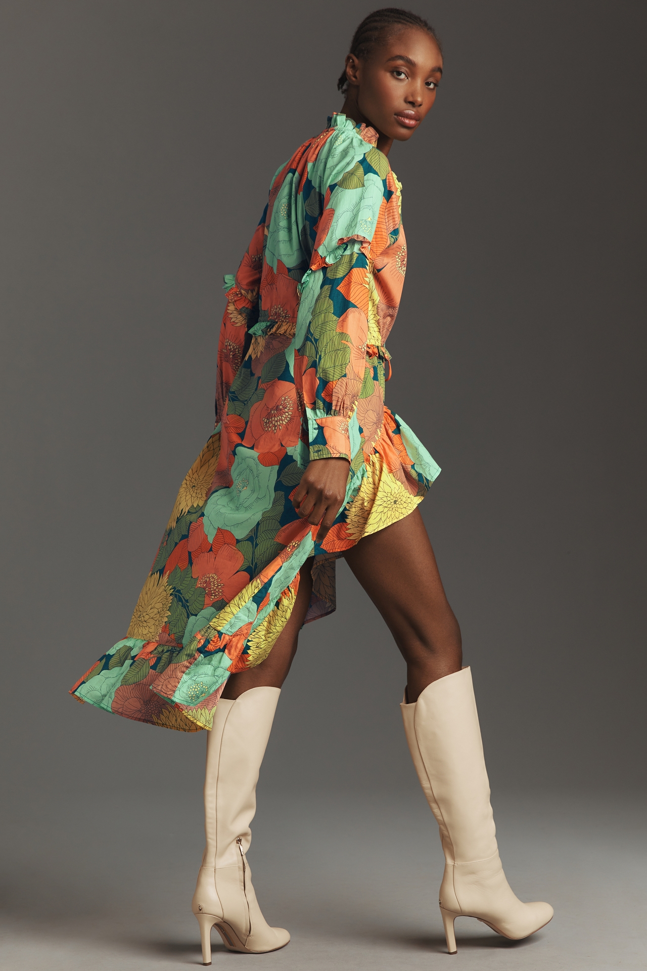 Farm Rio Long-Sleeve Floral Midi Dress