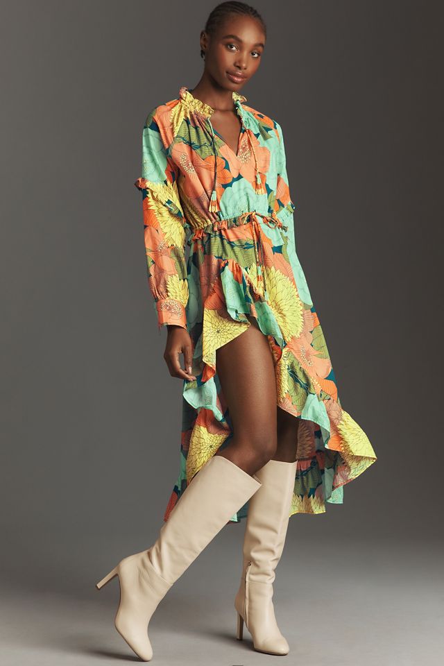 Farm Rio Long-Sleeve Floral Wrap Midi Dress