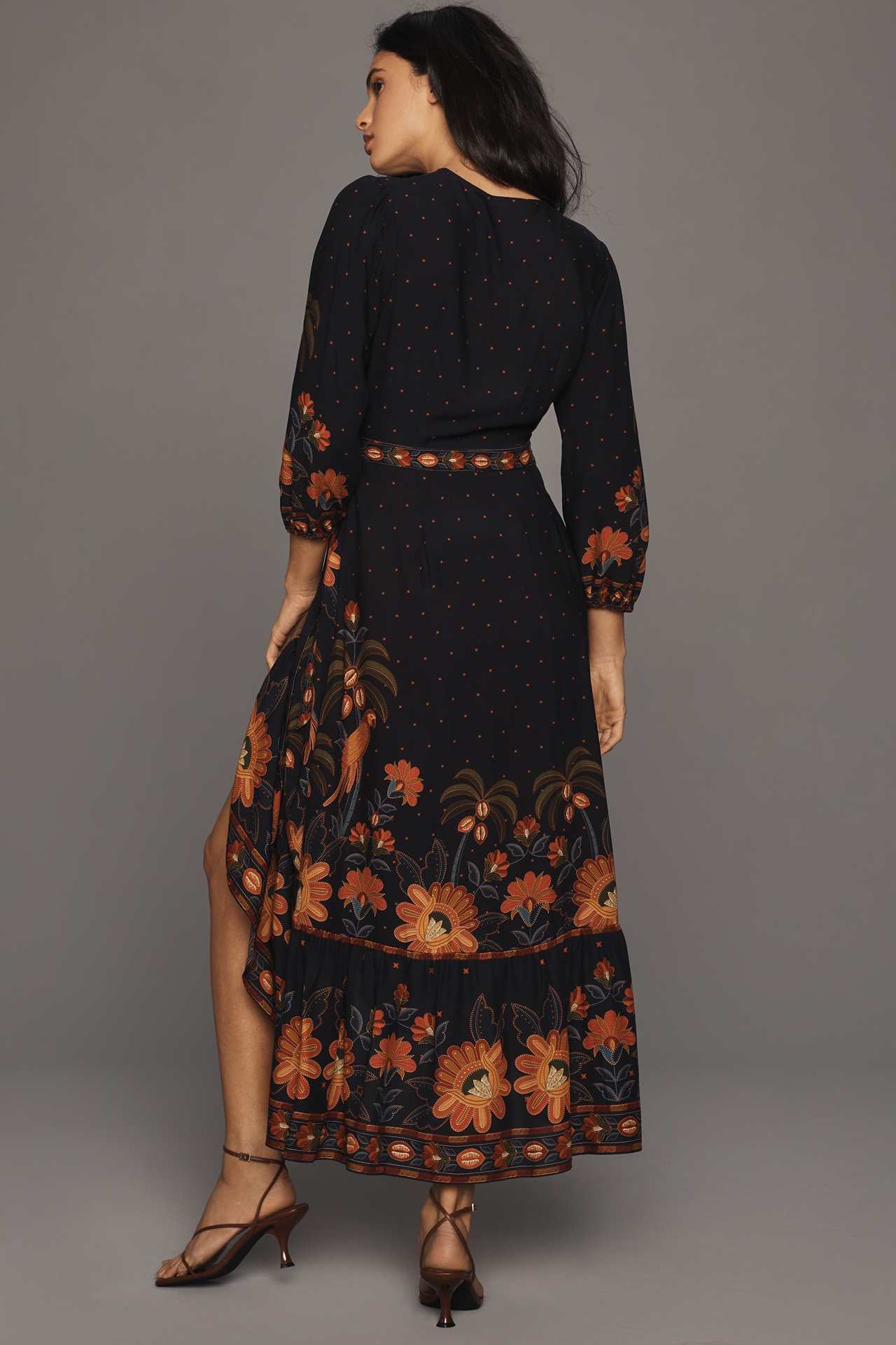 Farm Rio Long-Sleeve Floral Wrap Midi Dress