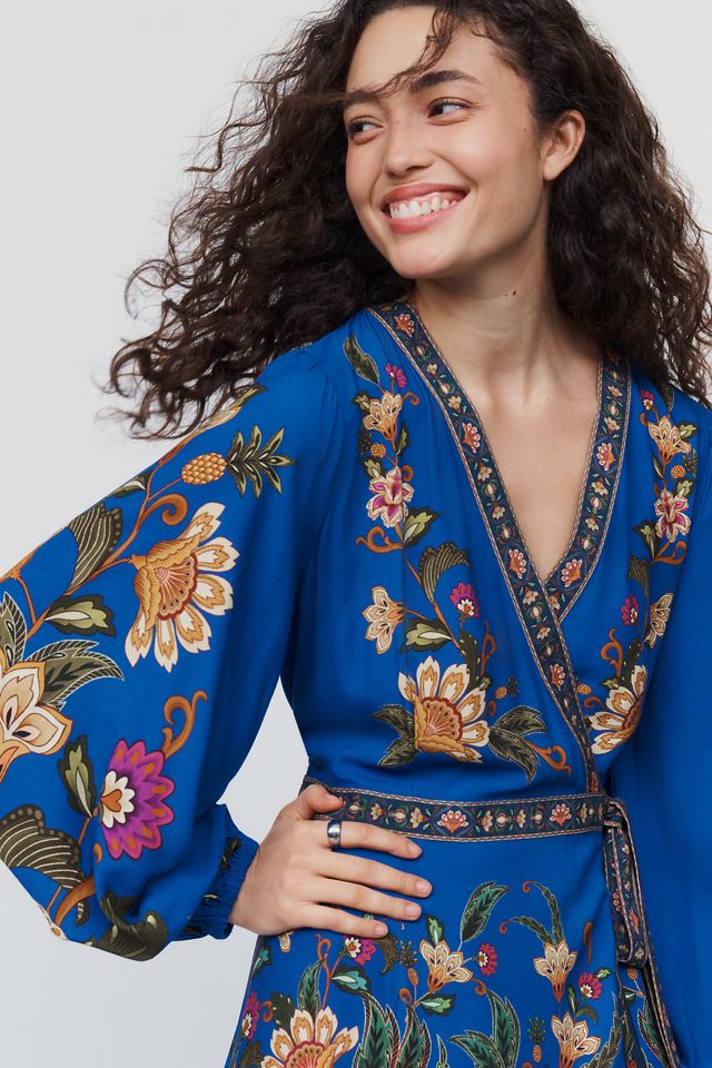 Farm Rio Long-Sleeve Floral Wrap Midi Dress #1