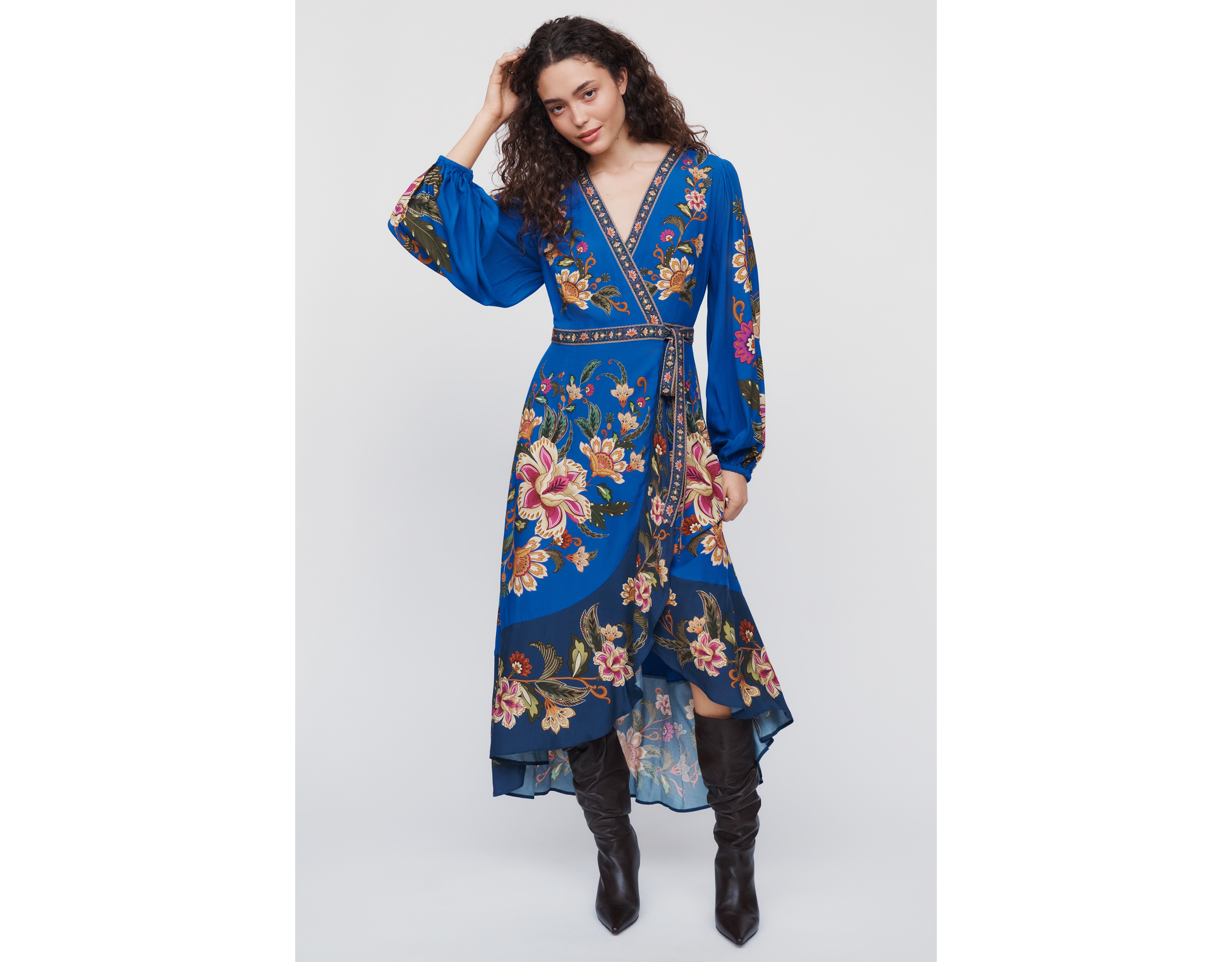 Farm Rio Long-Sleeve Floral Wrap Midi Dress