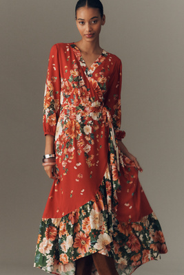 Farm Rio Long-sleeve Floral Wrap Midi Dress In Red