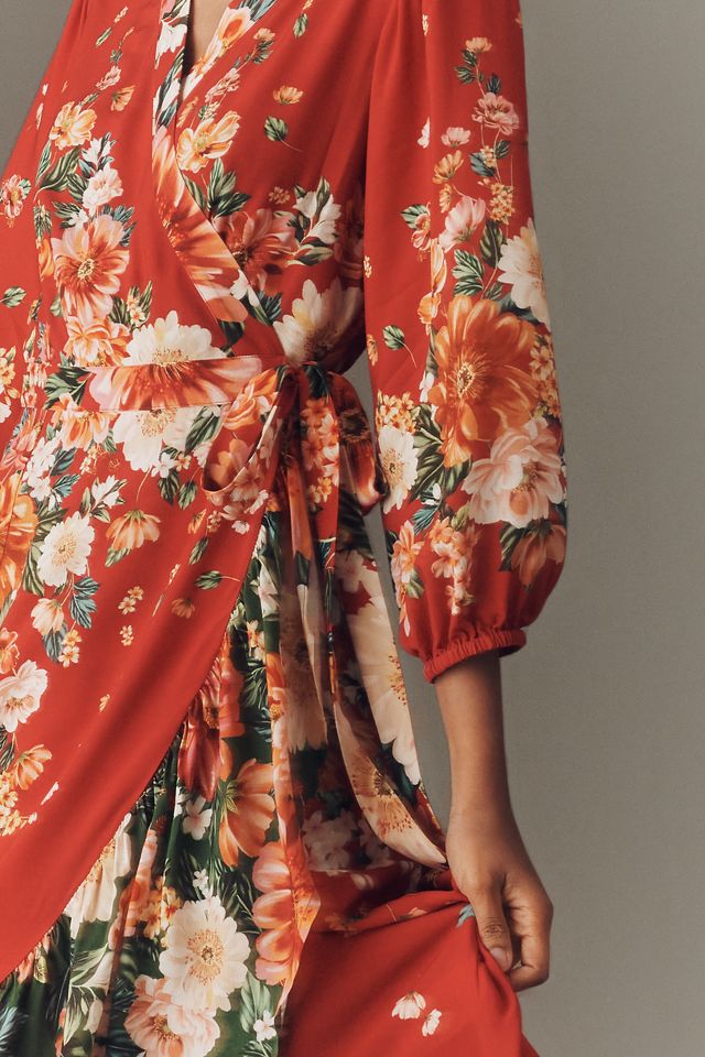 Farm Rio Long-Sleeve Floral Wrap Midi Dress #1