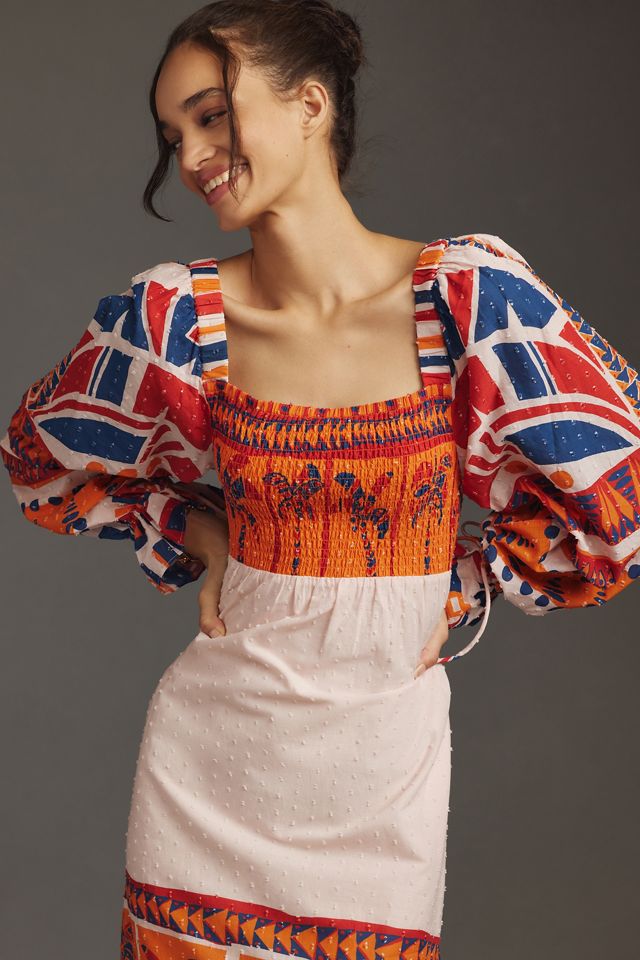 Farm Rio Long-Sleeve Smocked Printed Midi Dress #1