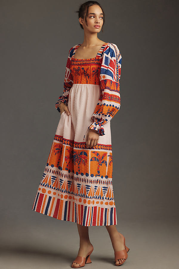 Farm Rio Long-Sleeve Smocked Printed Midi Dress