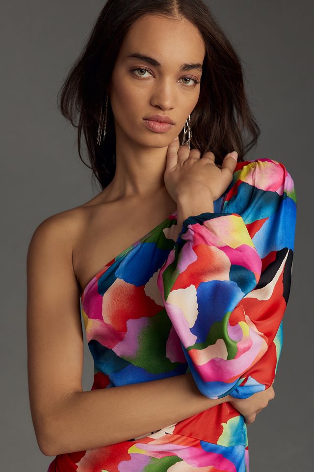 Farm Rio One-Shoulder Slim Floral Midi Dress | Anthropologie