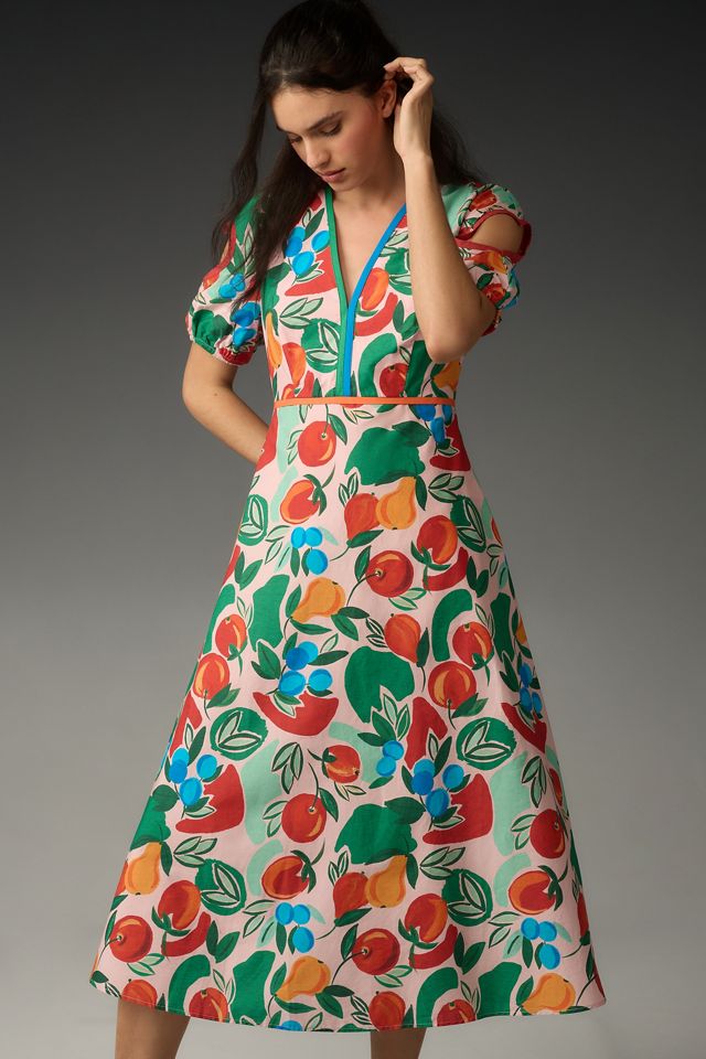 Farm Rio x Anthropologie Short-Sleeve V-Neck Cutout Midi Dress