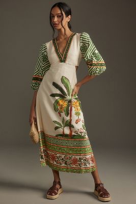 Shop Farm Rio X Anthropologie Palm V-neck Midi Dress In Multicolor