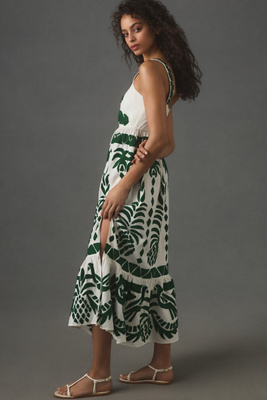 farm rio sleeveless embroidered slim midi dress Farm Rio Tropical Romance Floral-embroidered Linen-blend Midi Dress White Farm  Rio