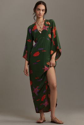 Shop Farm Rio X Anthropologie V-neck Side-slit Maxi Dress In Green