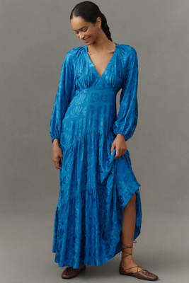 Farm Rio Long-sleeve V-neck Jacquard Maxi Dress In Blue