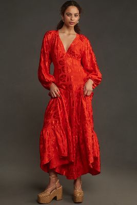 Shop Farm Rio Long-sleeve V-neck Jacquard Maxi Dress In Red