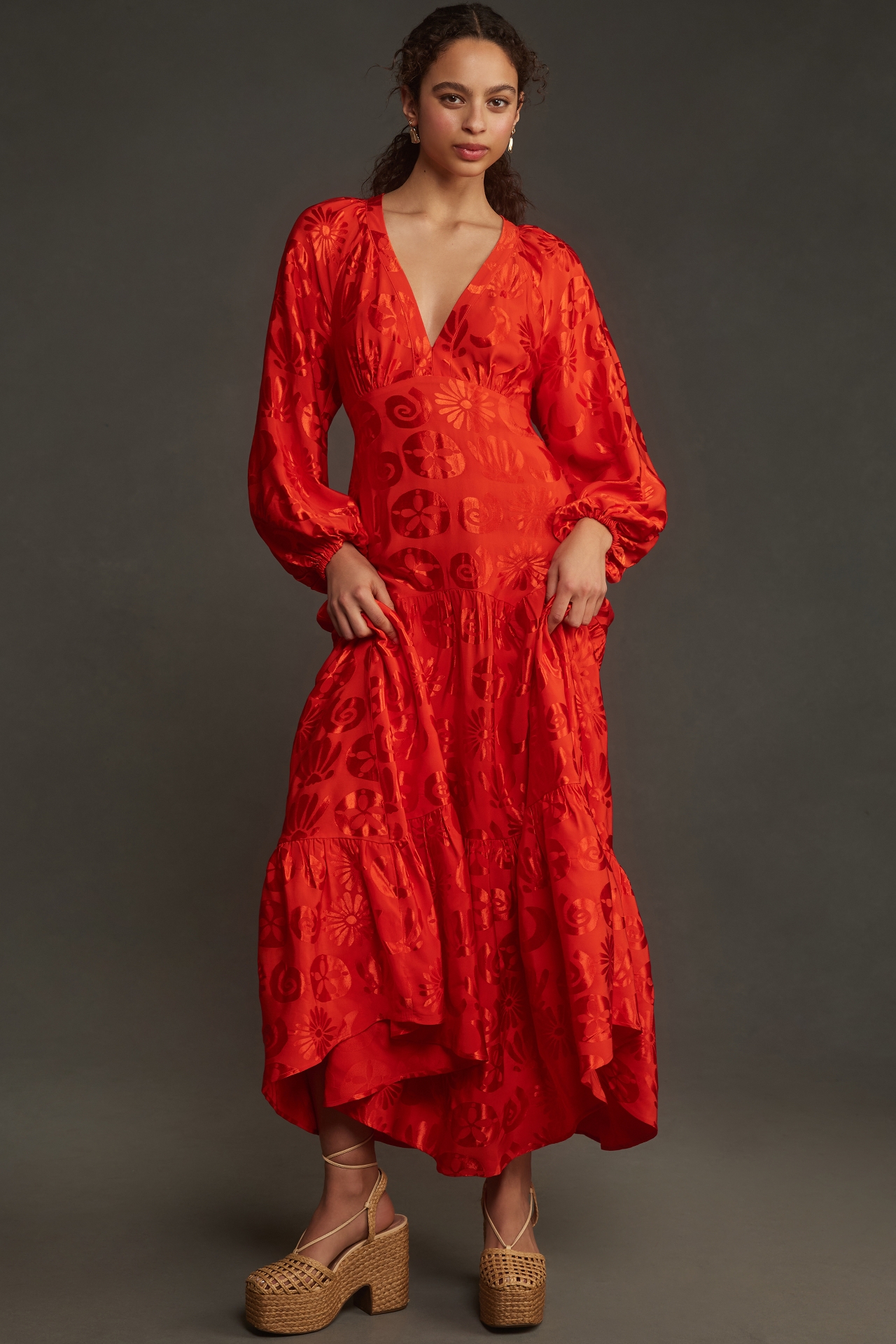 Farm Rio Long-Sleeve V-Neck Jacquard Maxi Dress